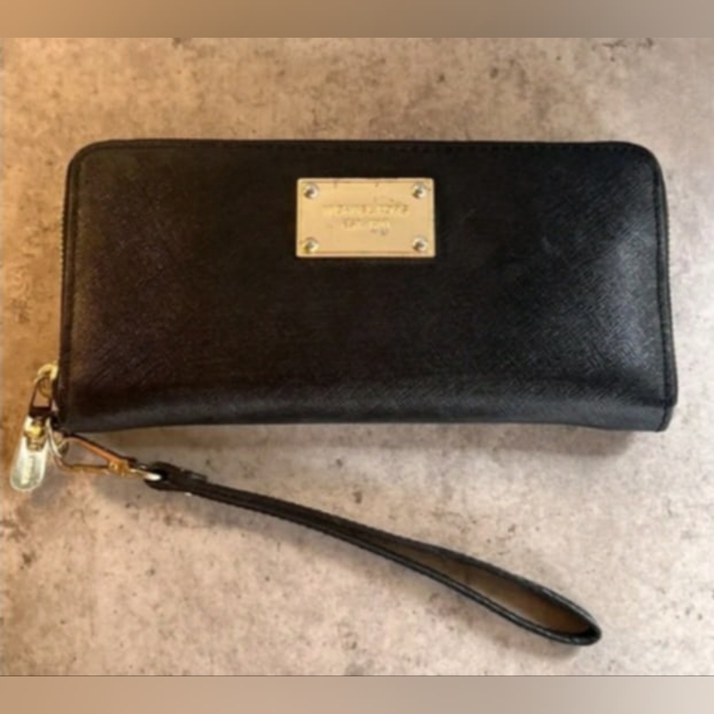 Michael Kors Authentic Black Wristlet Wallet with Gold Logo Hardware